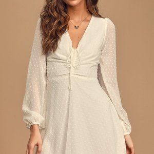 Lulu’s - White Swiss Dot Long Sleeve Skater Dress - Size XS